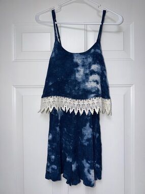 Xhilaration Blue Tie-Dye Crochet Trim Romper